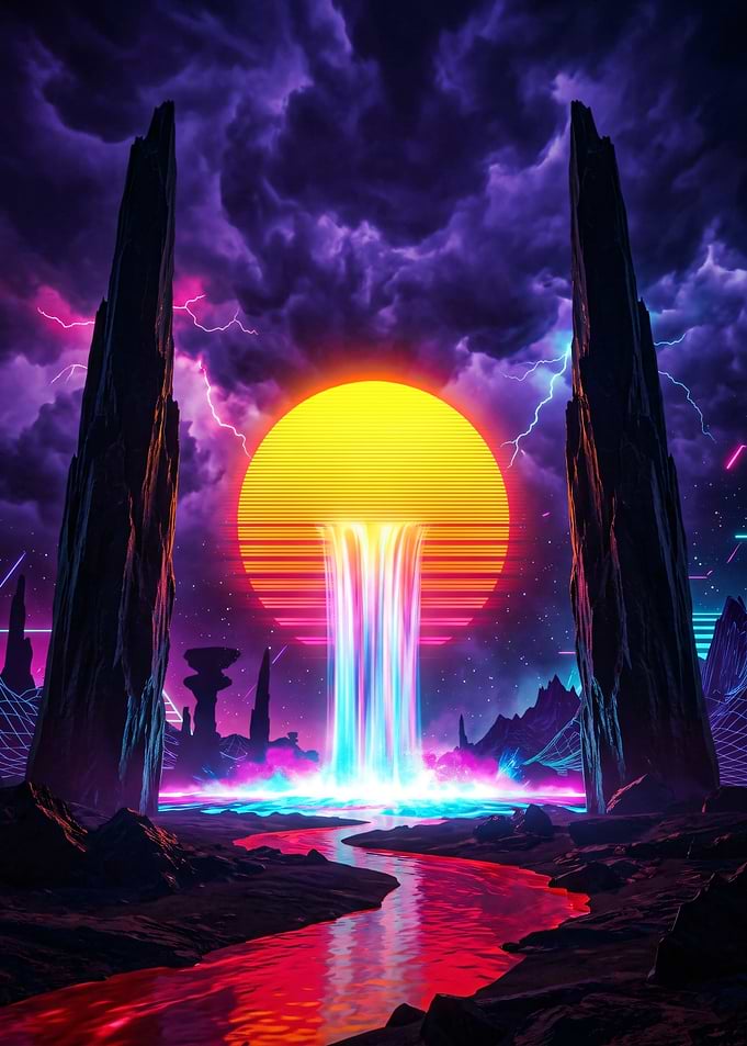 Retro Futuristic Landscape with Waterfall Sun