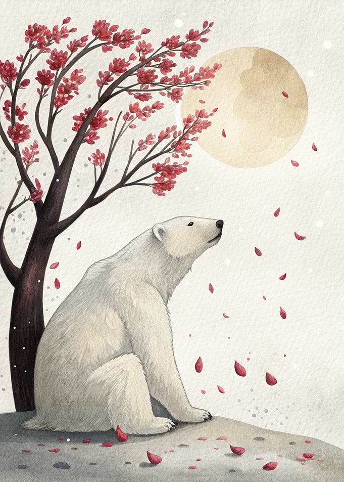 Polar Bear Under Cherry Blossoms