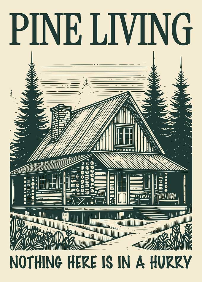 Pine Living Cabin Rustic Poster Vintage Log Cabin Forest Wall Art Cozy Nature Decor