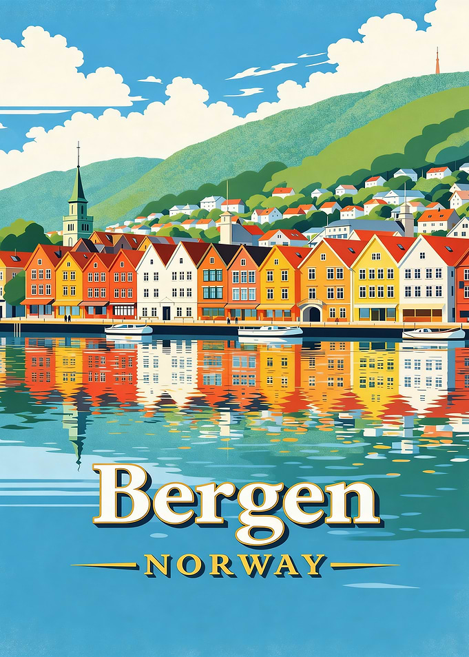Bergen Norway Vintage Travel Poster