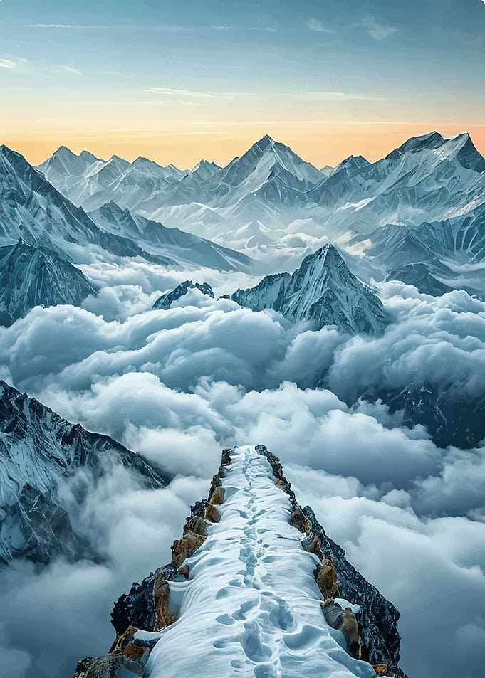 Snowy Mountain Path Above Clouds