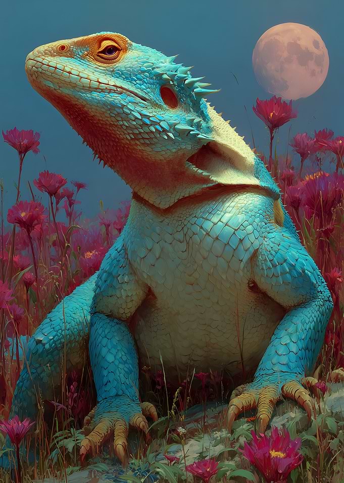 Blue Lizard in Pink Flowers