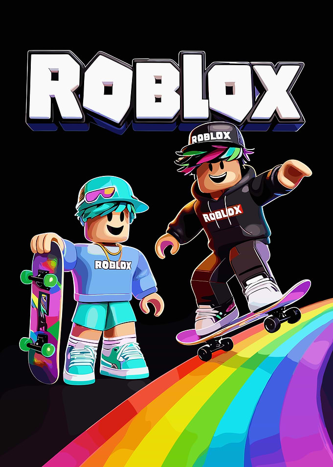 Roblox characters on skateboards with rainbow