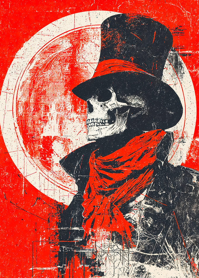 Gritty Skull Illustration Top Hat and Scarf