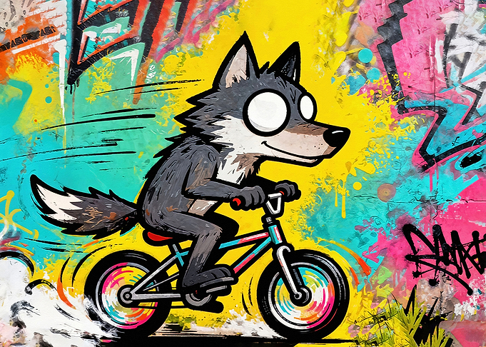 Cartoon Wolf Riding a Bicycle