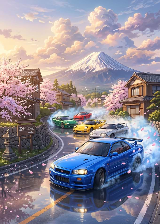 Drifting Cars with Mount Fuji and Cherry Blossoms