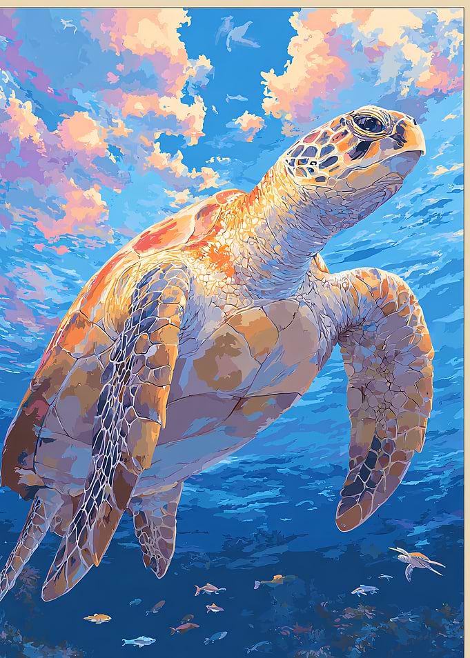 Animal Sea Turtle Swimming in Ocean Colorful Anime Style Japan