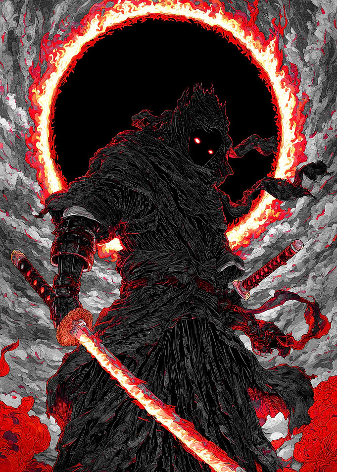 Dark Warrior with Fiery Swords