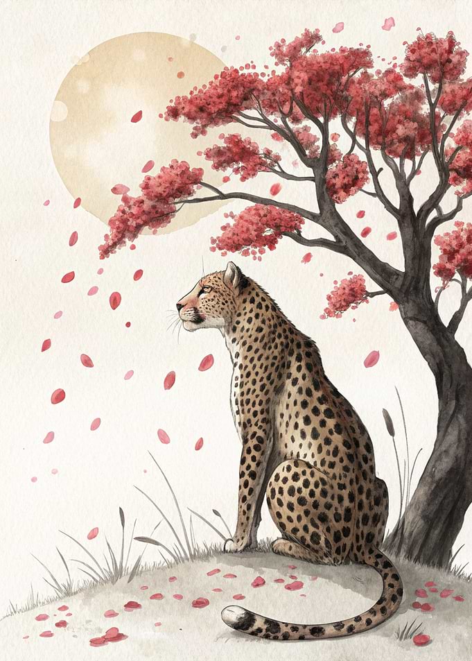 Cheetah under a Cherry Blossom Tree