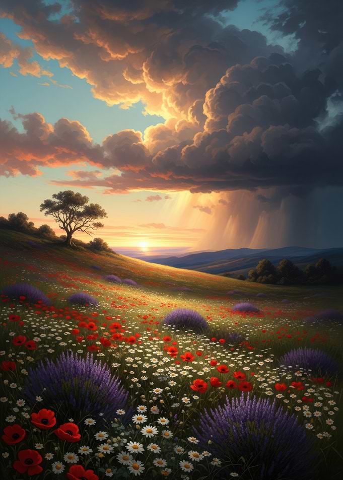 Stormy Sunset Over Wildflower Meadow