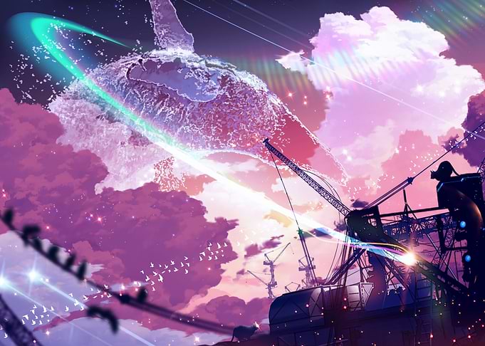Surreal Sky with Floating Island and Cranes