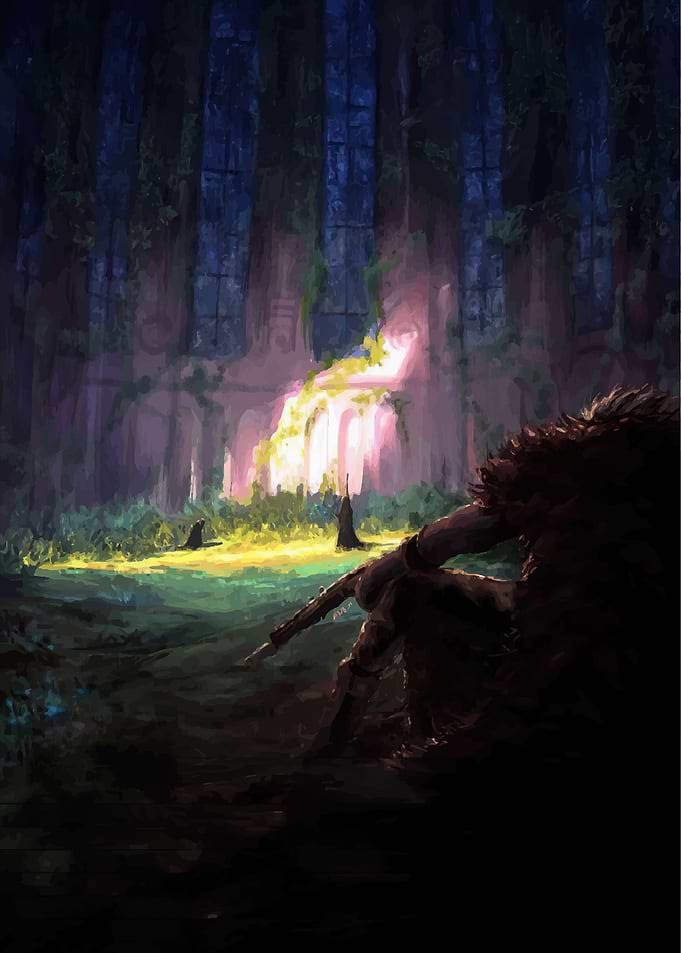 Figure in overgrown ruins with glowing light