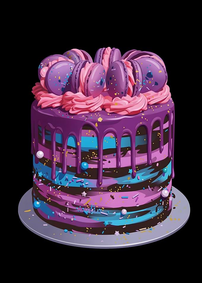 Galaxy Drip Cake with Macarons