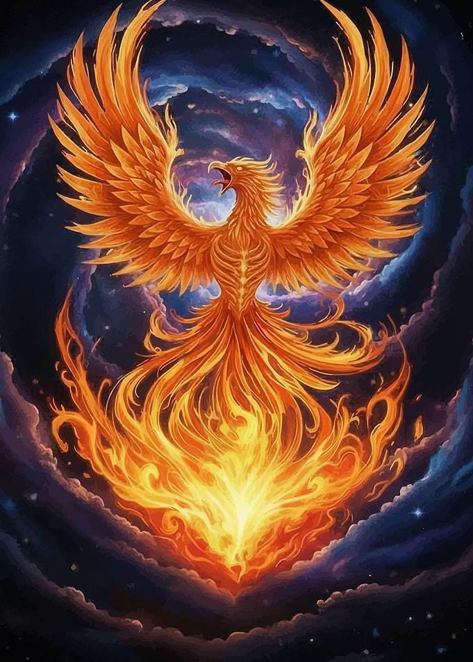 Fiery Phoenix in Cosmic Swirls