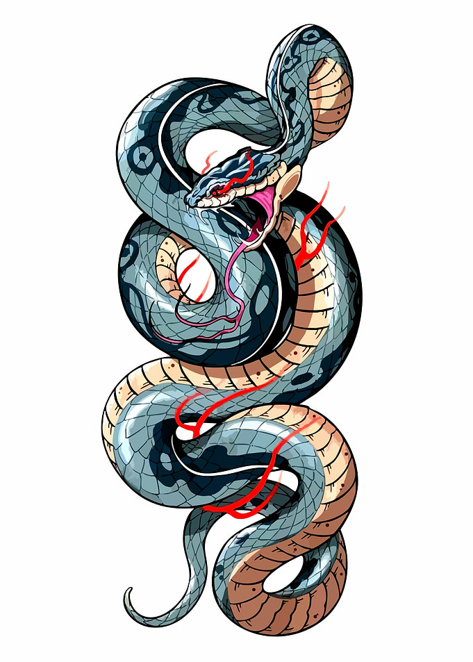 Aggressive Blue Snake with Red Flames