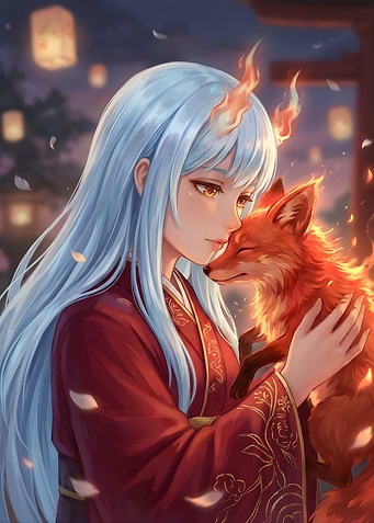 Anime Girl with Fox and Fire Horns