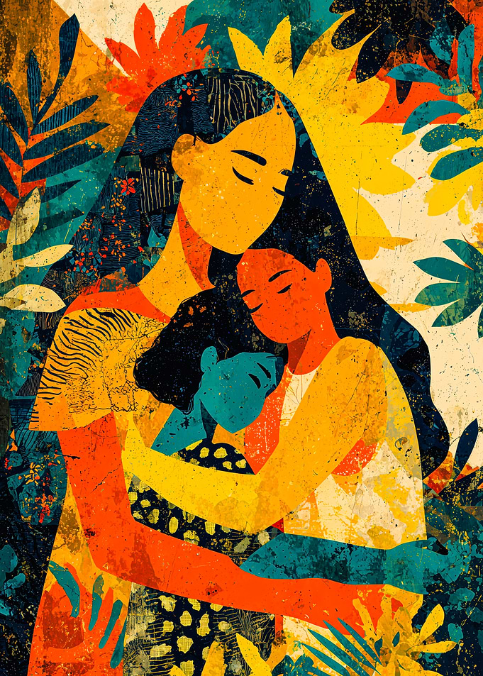 Mother and Daughters Abstract Floral Embrace