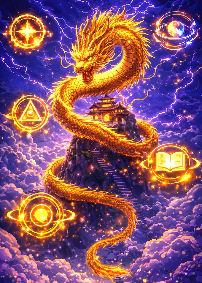 Golden Dragon and Mystical Symbols