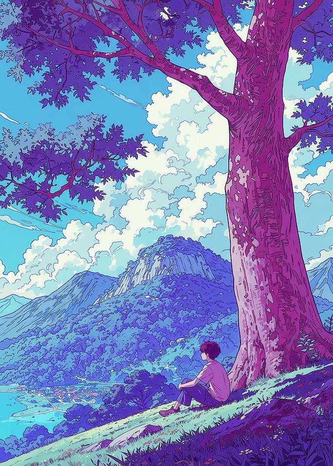 Person sitting under a tree overlooking a landscape