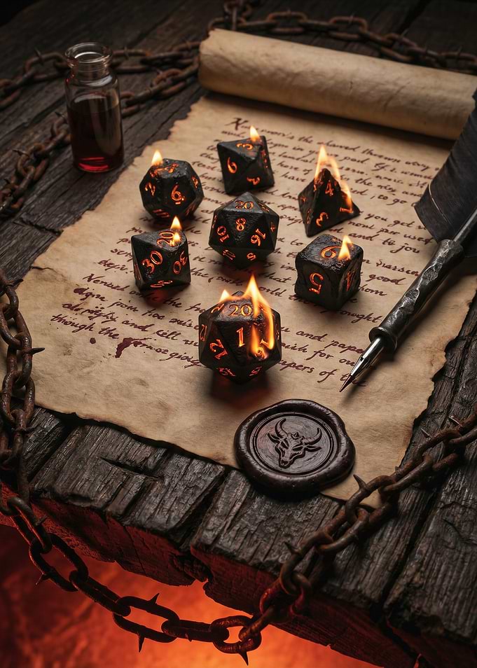 Burning Dice on Ancient Scroll