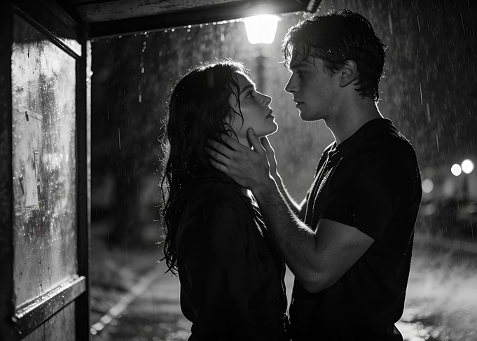 Couple embracing in the rain