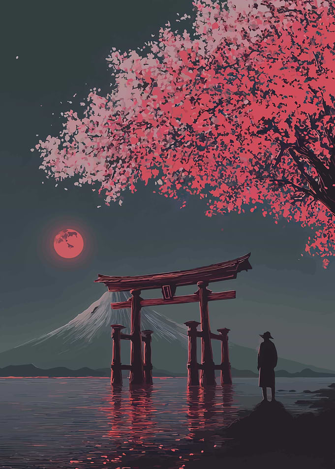 Serene Japanese Landscape with Torii Gate