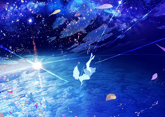 Girl falling through starry sky
