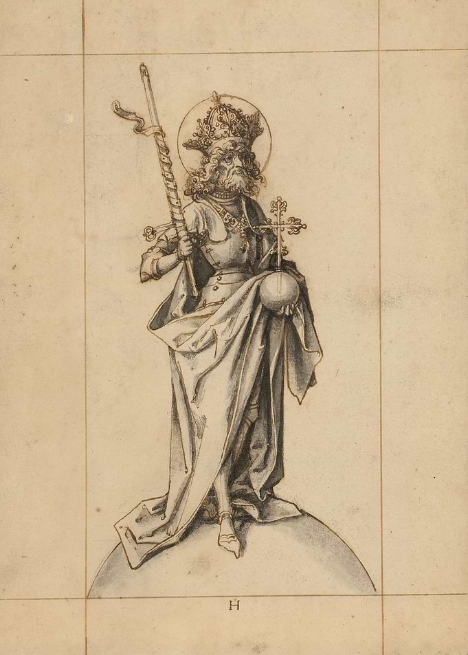 Saint standing on a globe
