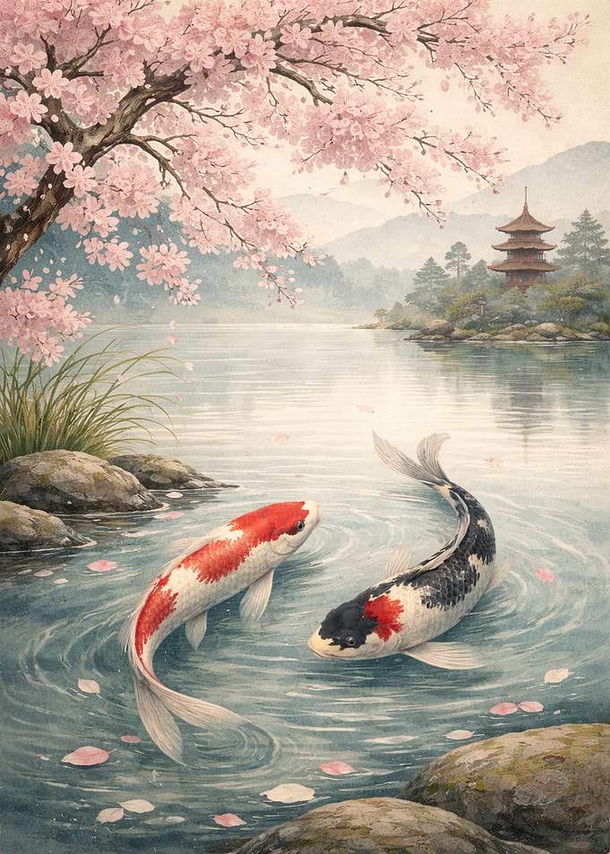 Koi Fish Under Cherry Blossoms