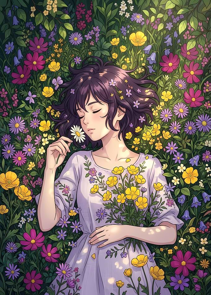 Girl Sleeping in a Field of Flowers