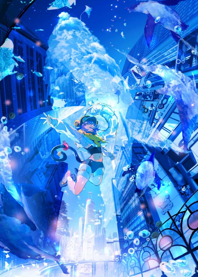 Anime Girl in a Blue Cityscape