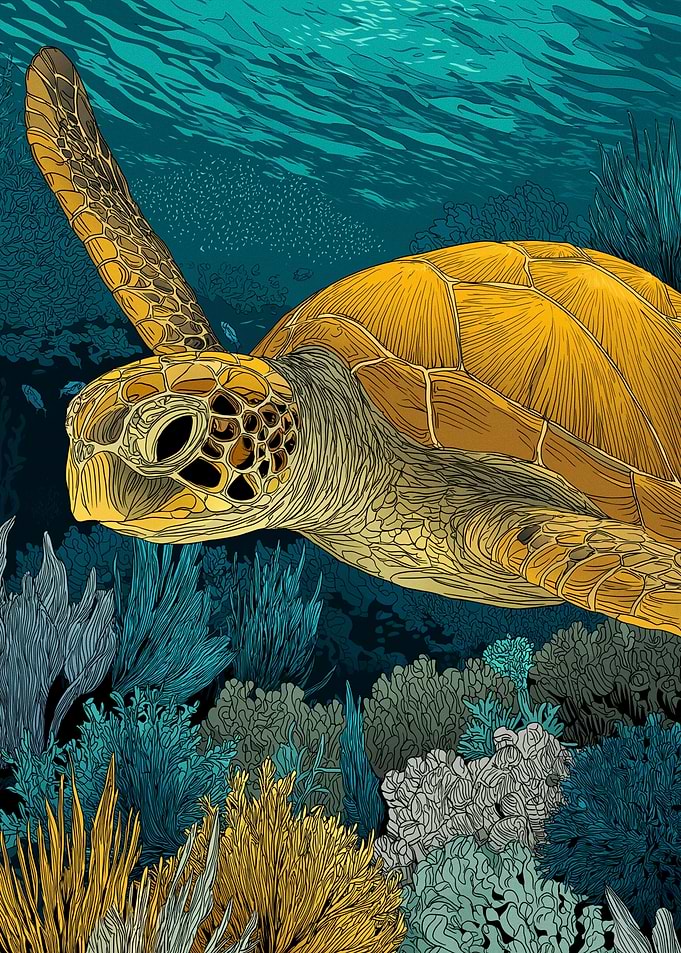 Sea Turtle Swimming Over Coral Reef