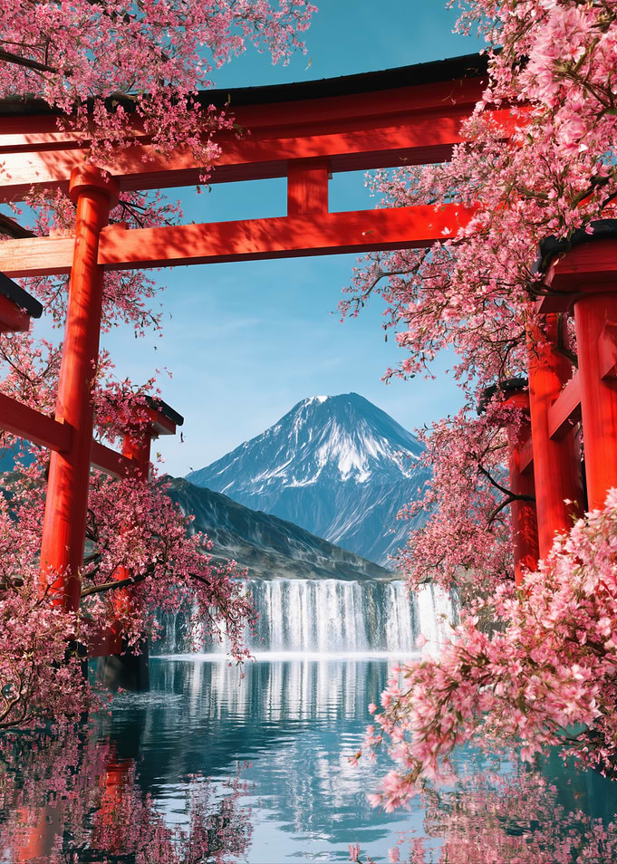 Torii Gate with Cherry Blossoms and Mount Fuji