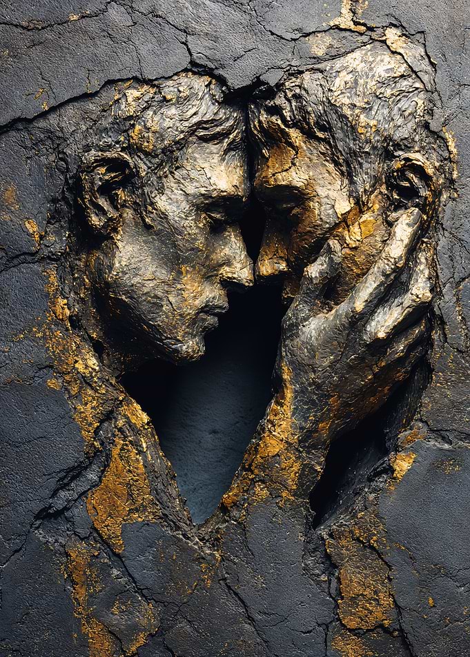 Golden Gay Couple Faces Heart Stone Relief