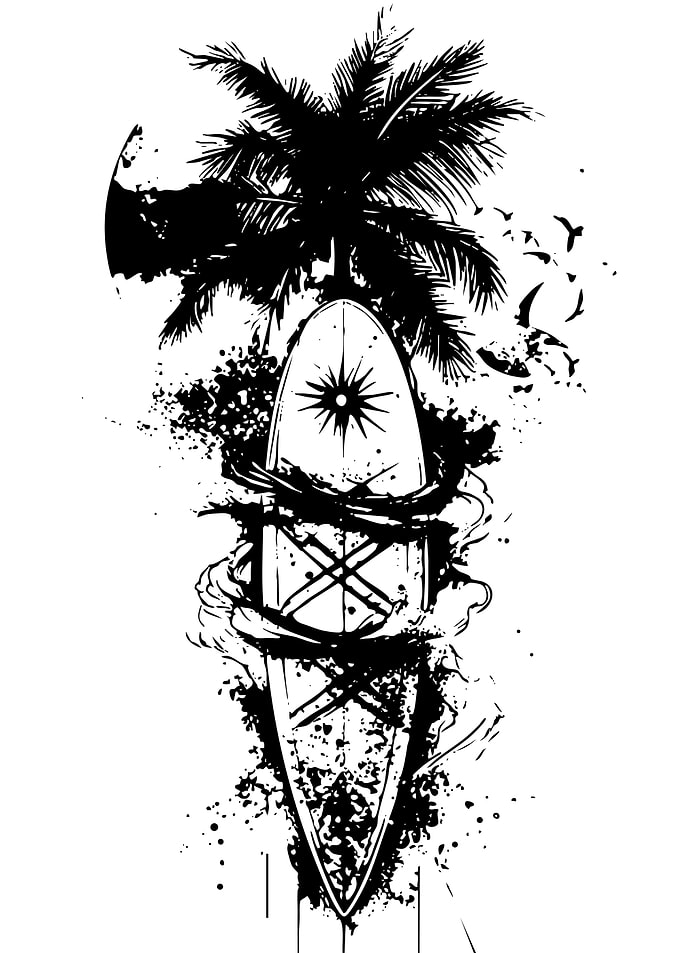 Surfboard with Palm Tree and Birds