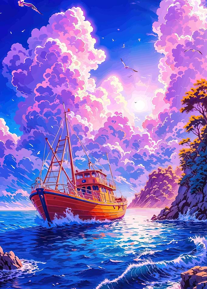 Fishing boat sailing through vibrant clouds