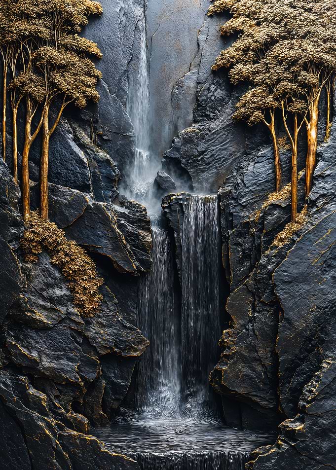 Golden Trees Waterfall Stone Relief