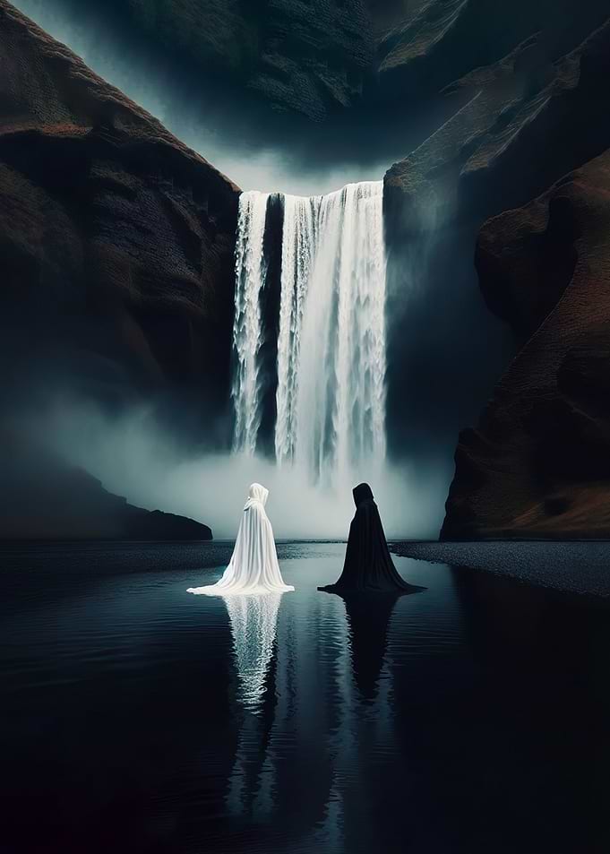 Figures by a Waterfall