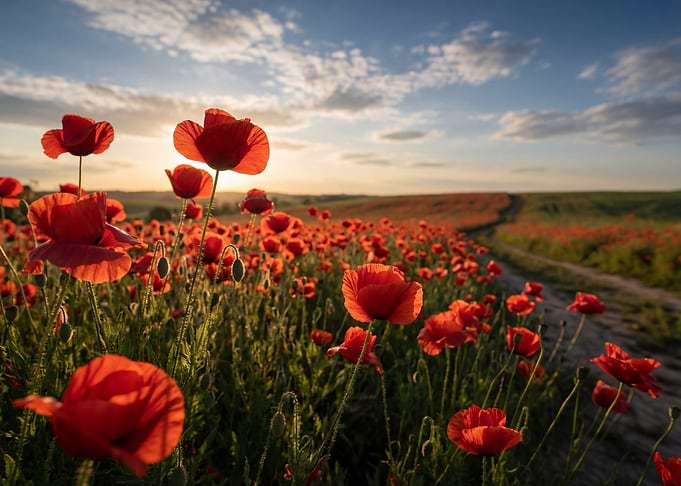 Field of Red Poppies at Sunset