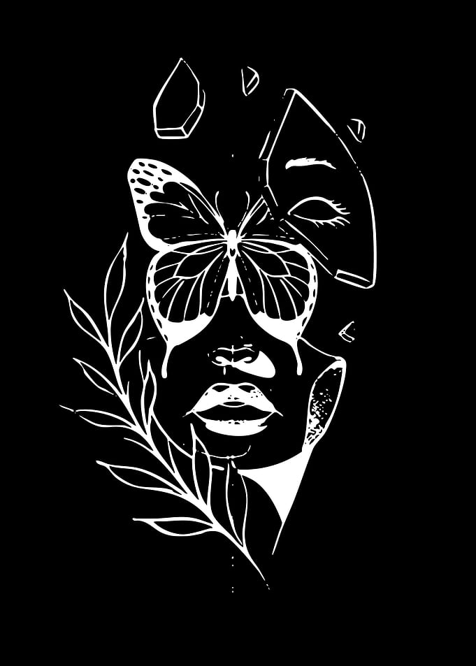Abstract Face with Butterfly and Leaves