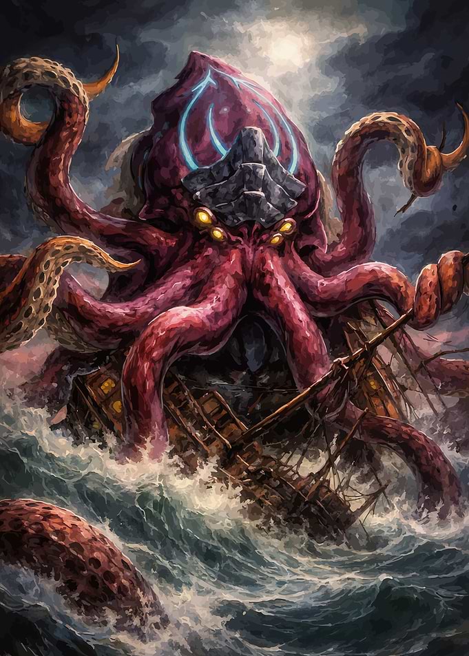 Kraken Attacks Ship in Stormy Seas