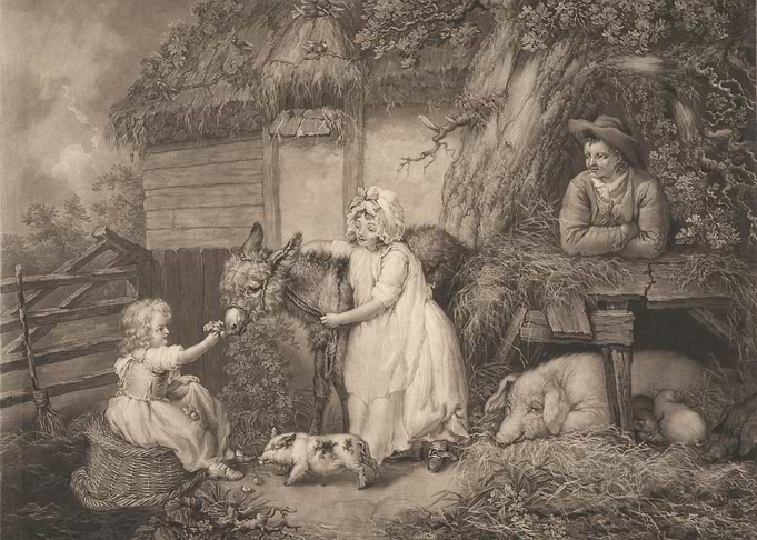 Children feeding a donkey and pigs