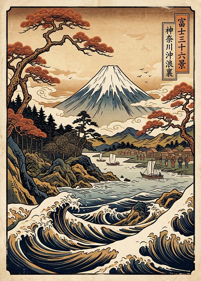 Ukiyo-e style Mount Fuji landscape
