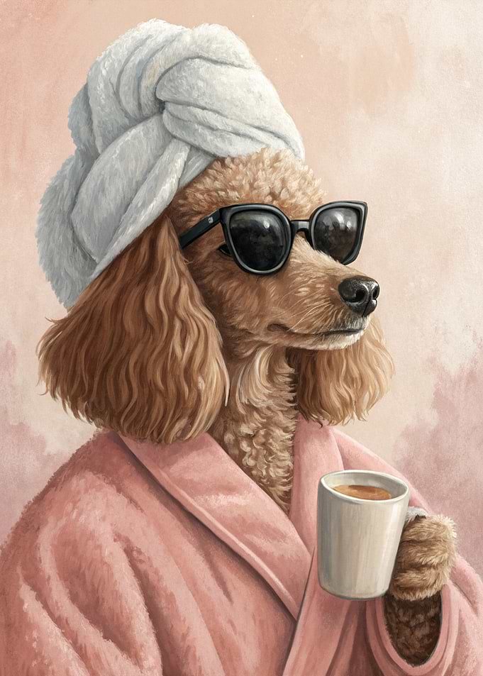 Poodle in Robe and Sunglasses with Coffee