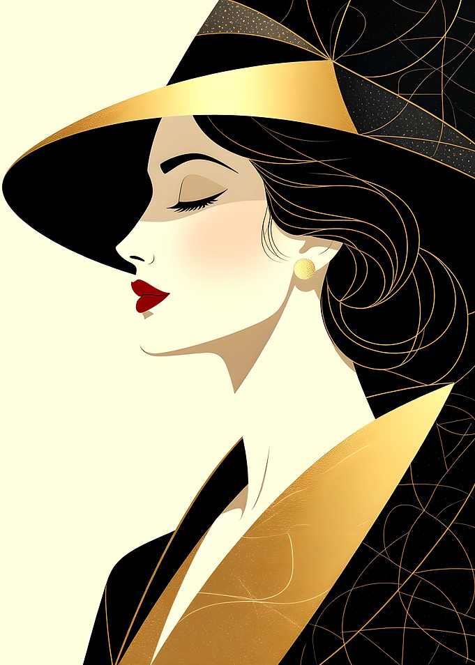 Elegant Woman in a Black and Gold Hat
