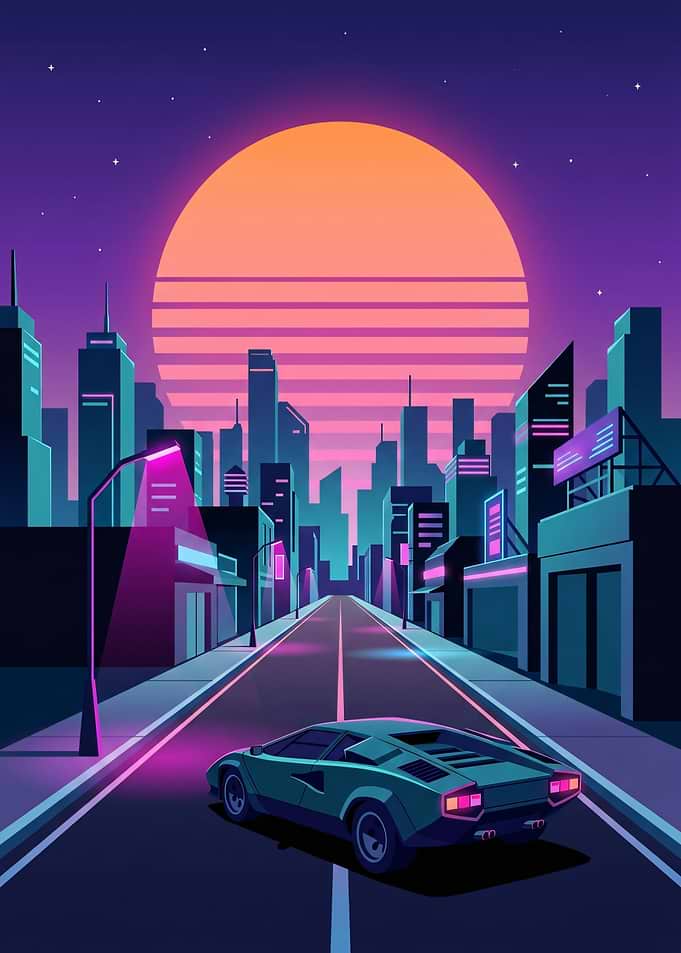 Retro Car in Neon Cityscape