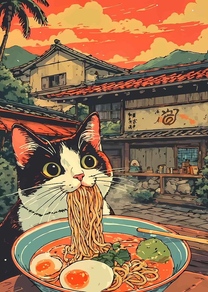 Cat Eating Ramen in Japan