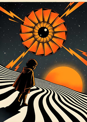 Child facing giant eye in space