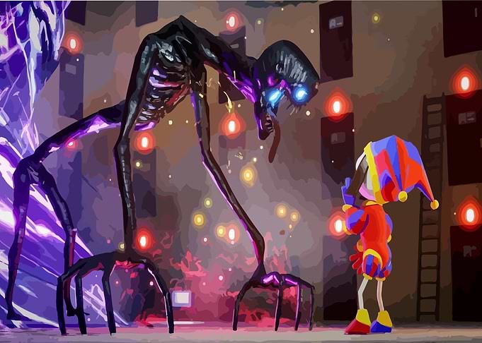 Giant Monster Confronts Jester Character