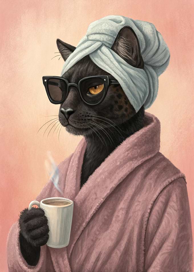 Panther in Robe and Turban with Coffee